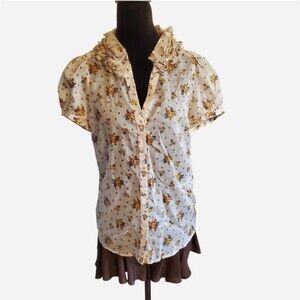 Zara Cottage Floral Button Up Top Puff Sleeve Ruffle Neck Size M Y2K Country